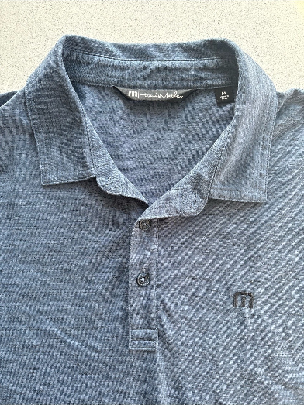 Travis Mathew Men's Heather Slate Blue Polo- medium